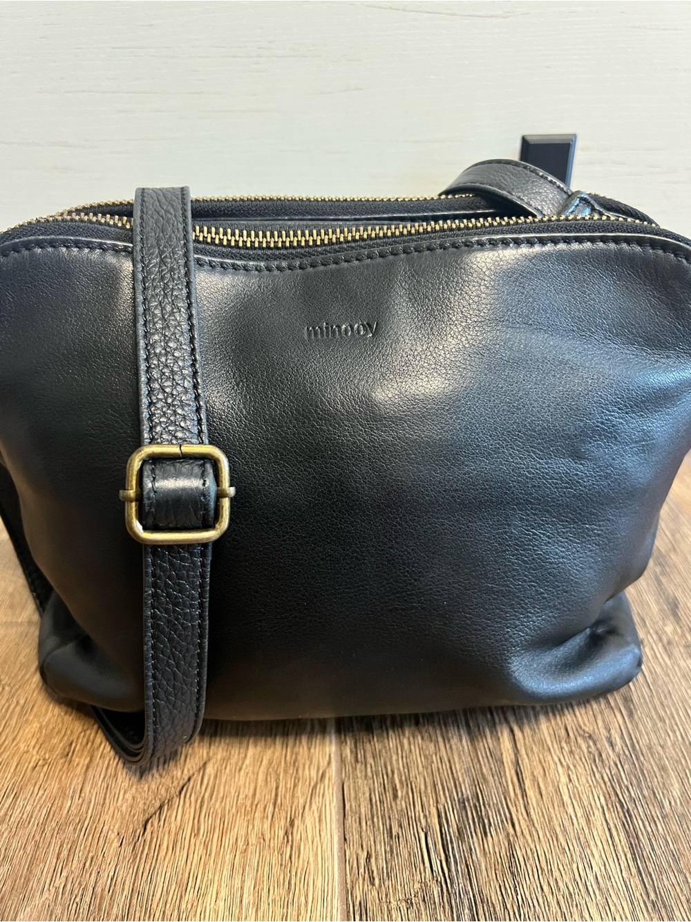 Minooy The Bali Black Supple Leather 3-Zipper Crossbody Purse Bag